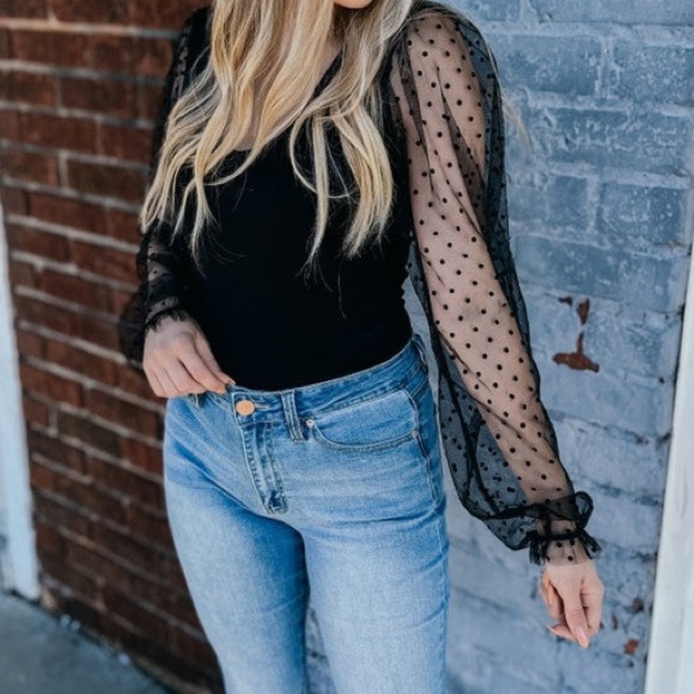 Blue Blush Black Bodysuit with Polka Dot Sleeves